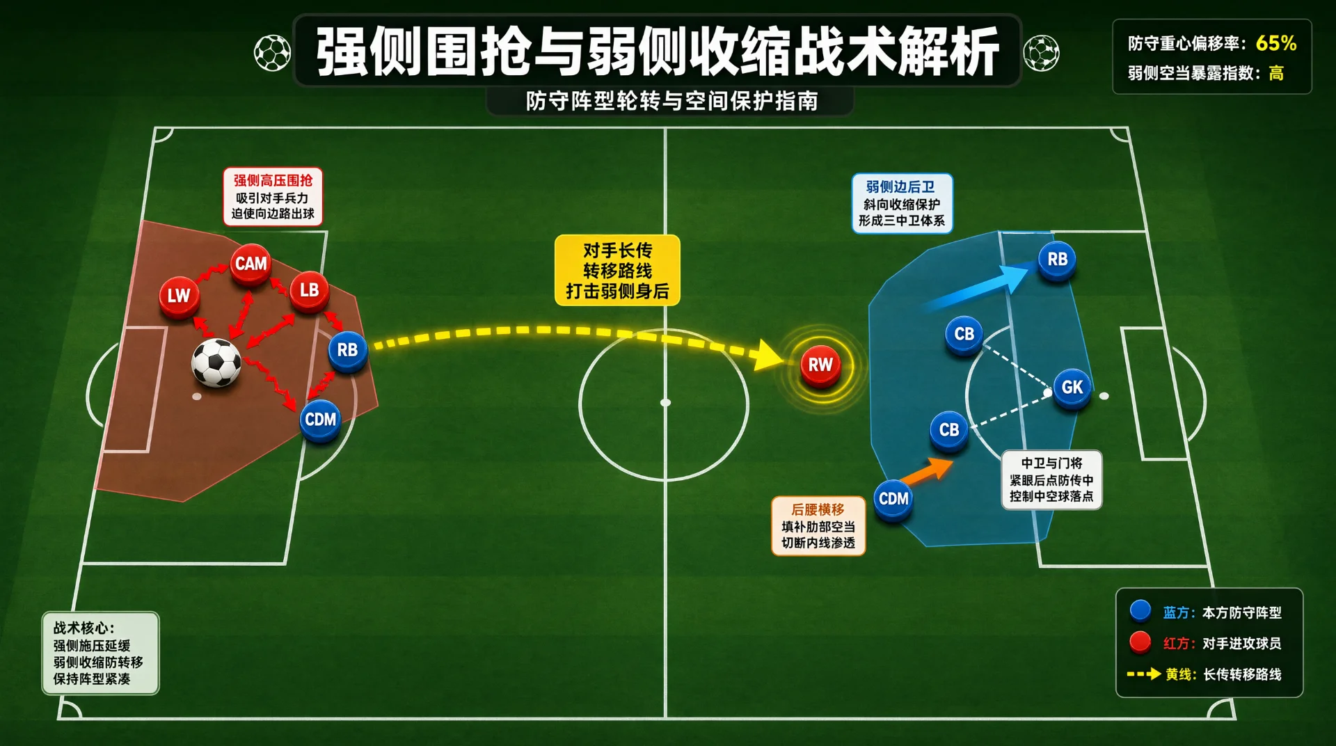 足球战术示意图：左侧多名红色标记球员在红棕色区域内围抢足球，黄色虚线箭头横跨中场指向右侧红色标记；右侧蓝色防守标记在蓝色区域内收缩，蓝色箭头指向禁区方向。