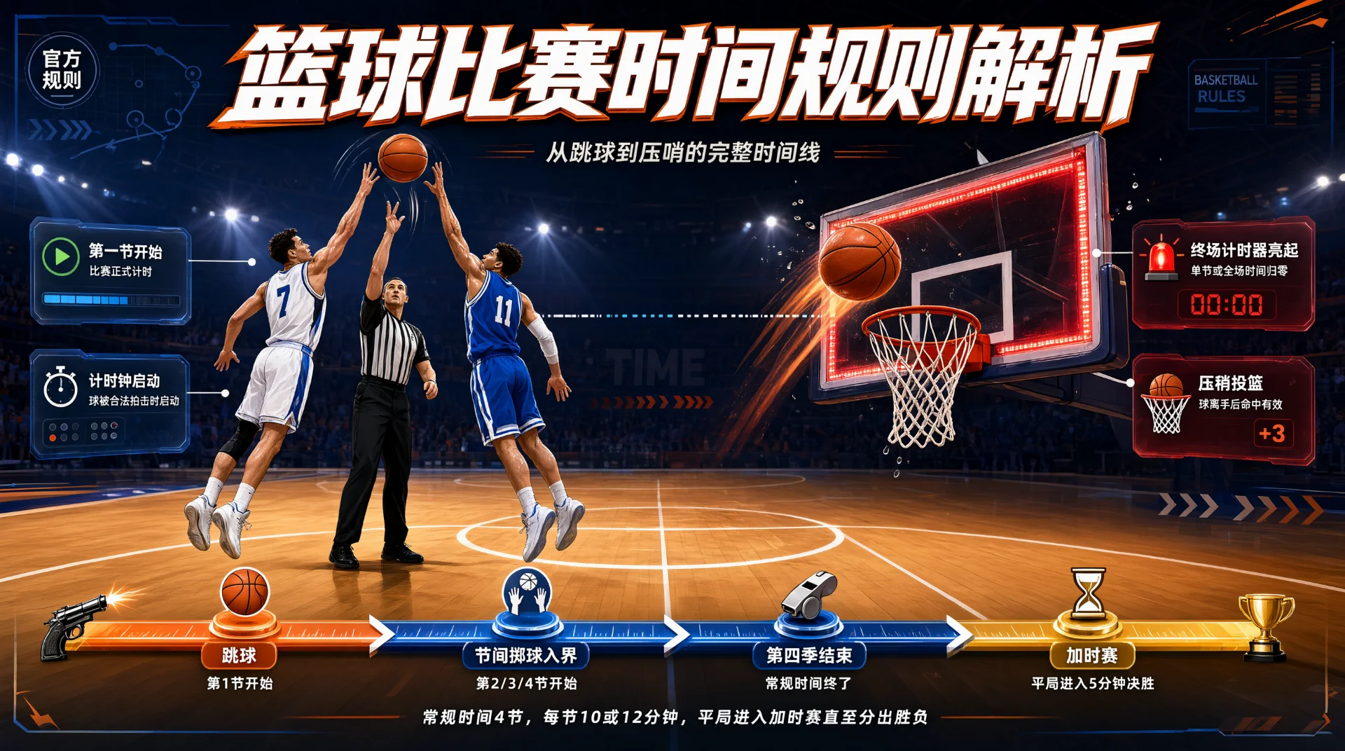 插画中裁判抛球，白衣与蓝衣球员起跳争球；右侧篮球飞向篮筐，计时器显示00:00；底部箭头时间线依次连接跳球、节间掷球入界、第四节结束与加时赛。